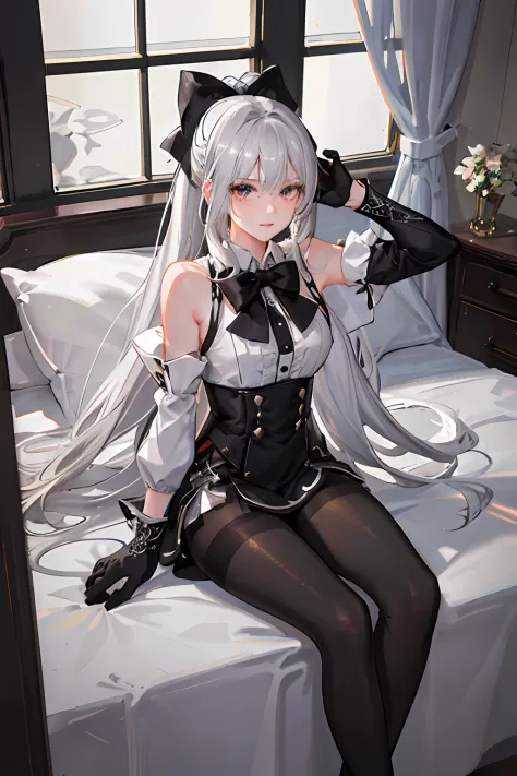 (((1 girl)),ray tracing,(dim lighting),[detailed background (bedroom)),((silver hair)),((silver hair)),(Fluffy silver hair, plum...