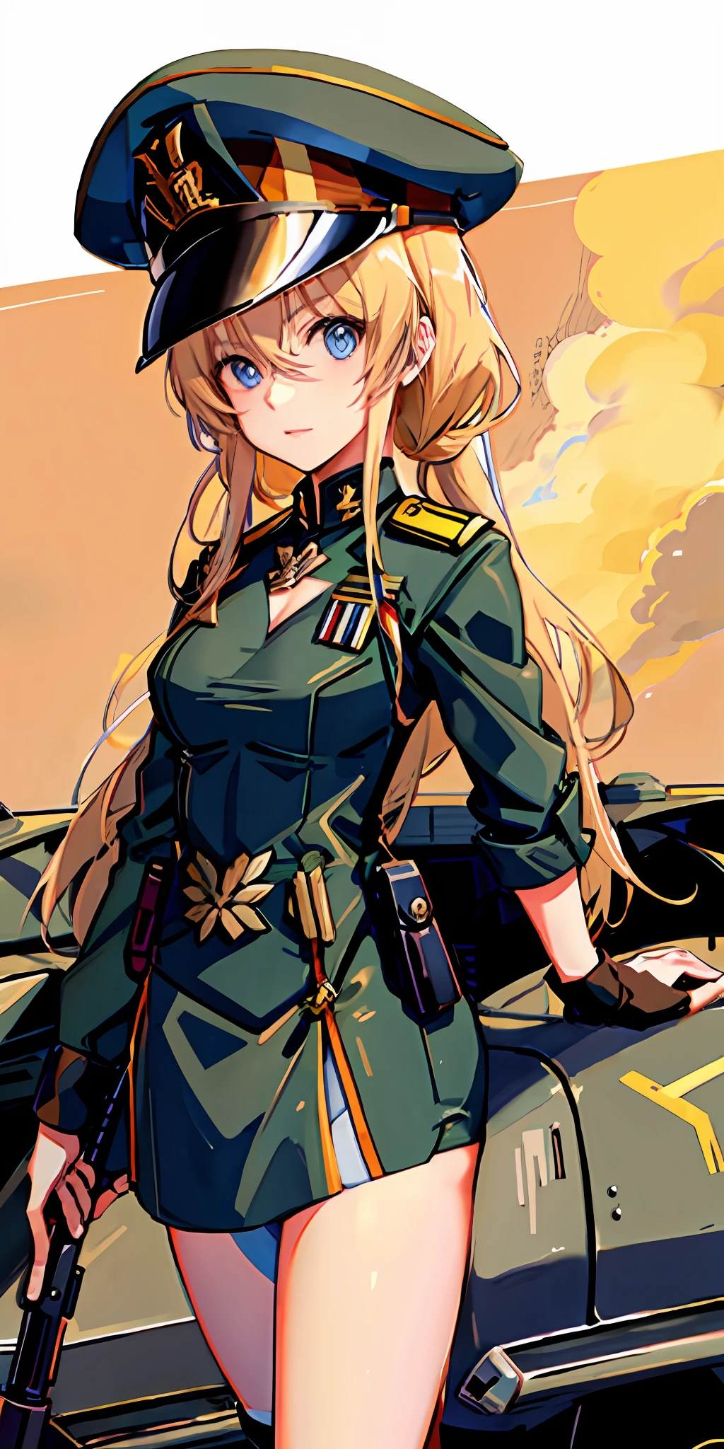 Anime girl in uniform，with gun, Female protagonist ，Blun-eyed blonde hair, Frenchman，soldier girl, mechanized soldier girl,Lori huge breasts cleavage，Petite body,  Anime military, Fanart, military girl, blond girl,Anime girl in uniform with gun background, chiquita，blond hairbl, Frenchman，Little girl，soldier girl, mechanized soldier girl,Lori huge breasts cleavage，Petite body,  Anime military, Fanart, military girl, blond girl,battlefiled，Young Girls War