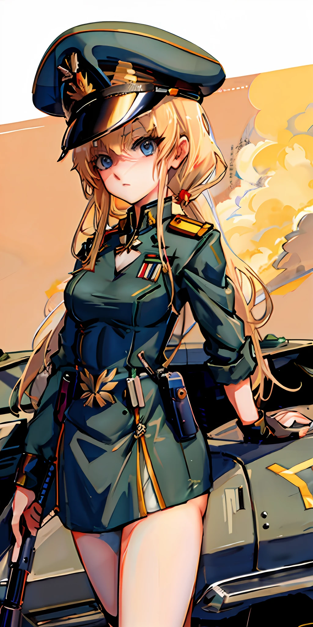 Anime girl in uniform，with gun, Female protagonist ，Blue-eyed blonde hair, Frenchman，soldier girl, mechanized soldier girl,Lori huge breasts cleavage，Petite body,  Anime military, Fanart, military girl, blond girl,Anime girl in uniform with gun background, chiquita，blond hairbl, Frenchman，Little girl，soldier girl, mechanized soldier girl,Lori huge breasts cleavage，Petite body,  Anime military, Fanart, military girl, blond girl,battlefiled，Young Girls War