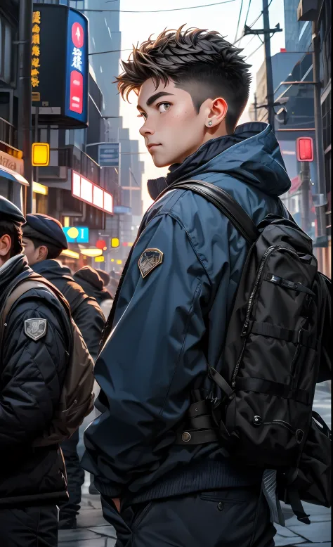 1 boy, Bustling streets，Crowded crowds，The background is blurred out，城市，trafic，hyper photorealism, highly detailed back ground, 8K  UHD, Digital SLR, Soft lighting, High quality, filmgrain, Fujifilm XT3, HD, Sharp, General details, 3D, oc rendered, illusor...