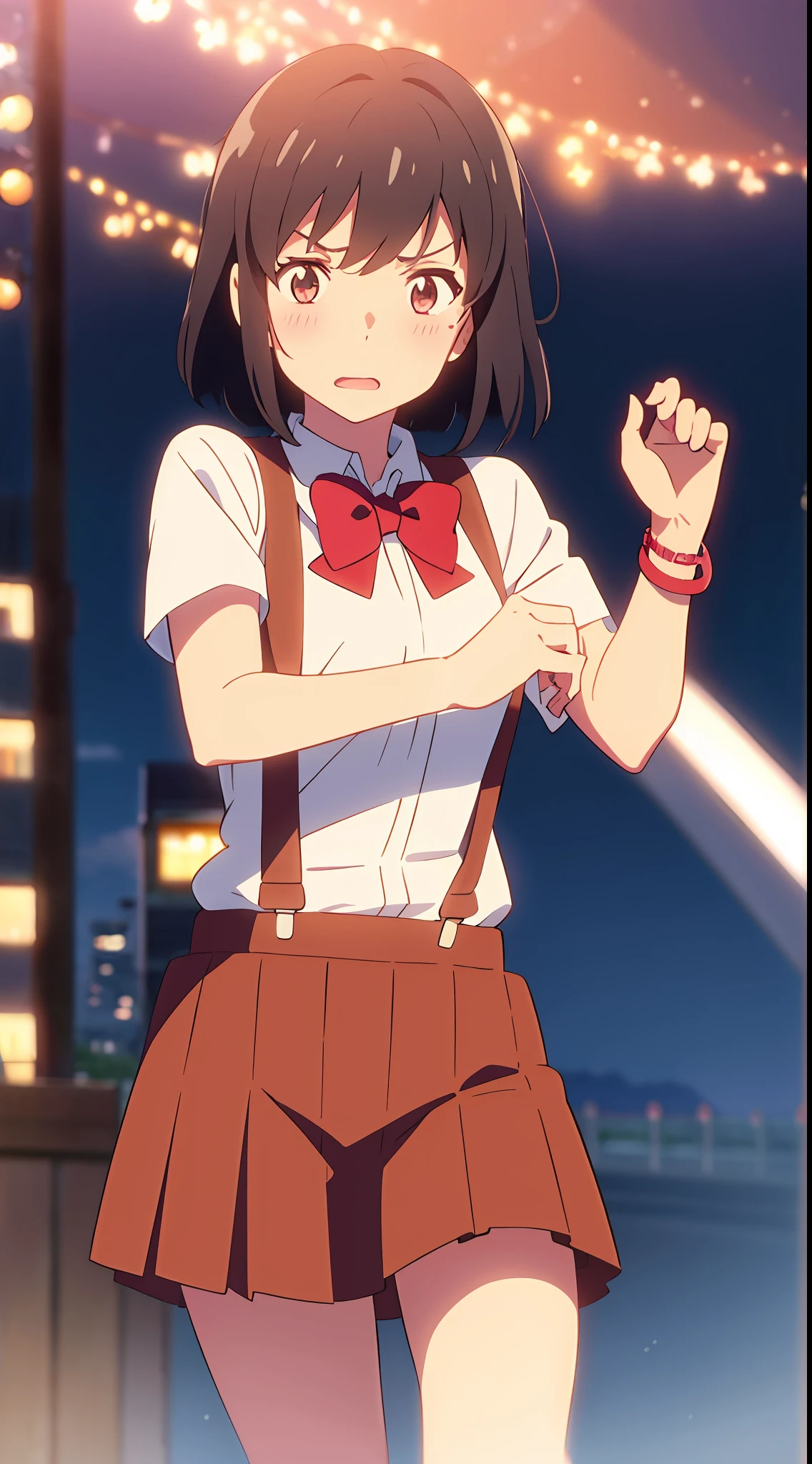 shinkai makoto, kimi no na wa., 1girl, 1boy, bangs, black hair, blush, brown eyes, Suspender Clothes, looking at the viewer, Clavicle, red bow, red headband, red ribbon, short hair, cute, couple, adorable, skirt, short sleeves, open mouth, Night, Nightview, Outdoors, Fighting Stance, Despair Face, bracelet