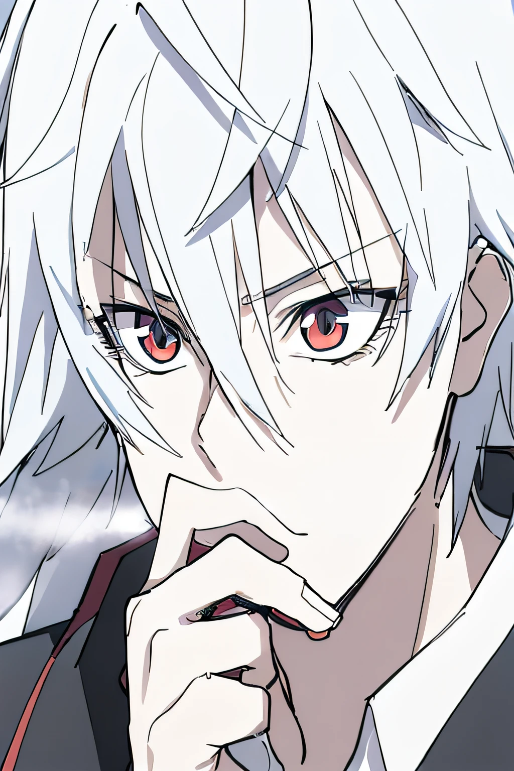 A handsome anime character，His name is Hajim Yatat，He has white hair and red eyes。His expression is extremely detailed and beautiful。He is from cartoons《kaworu nagisa》role，Also《Projectile theory broken》Little Mae-Nagisa in the series。His movements and postures are very attractive，It shows his young and handsome image。He also has a unique characteristic，That is, with the charm of Gapmoe Yandere。Please create a handsome charm、Extremely detailed and beautiful face and eye image。