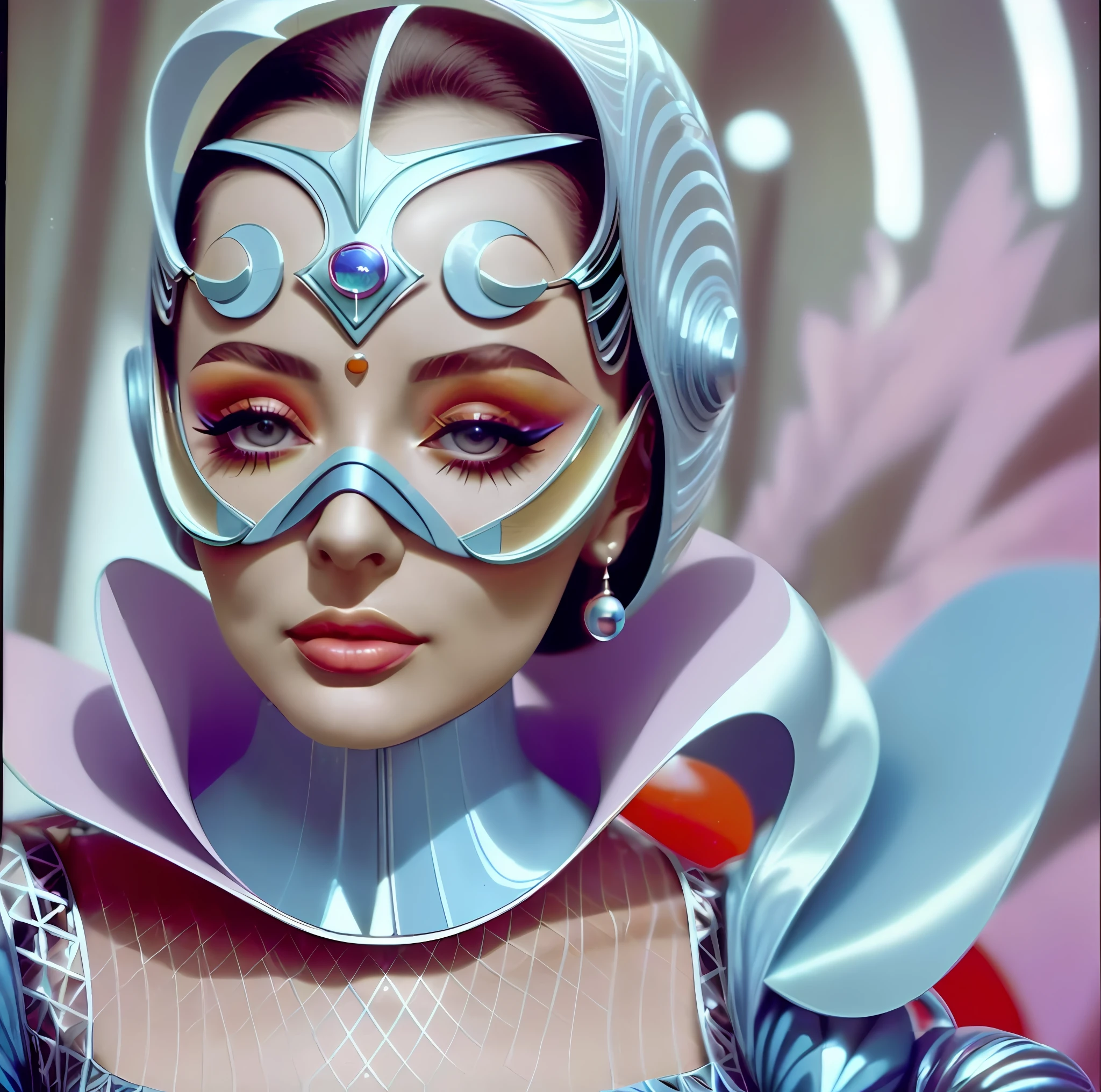 卡雷尔·泽曼 (Karel Zeman) 拍摄的 8k 20 世纪 60 年代科幻小说肖像, 20 世纪 60 年代时尚, 粉彩色, 公园里，一名戴着鱼形面具的男子身着 60 年代未来主义时尚服装，一名女子戴着化妆和科技饰品，身着 60 年代未来主义时尚服装, 法国老电影中的场景, 自然光, 迷幻, 奇怪的未来派, 逼真的, 超详细, 锐利的焦点, 固有的, 中部特写,  卓越的形象.