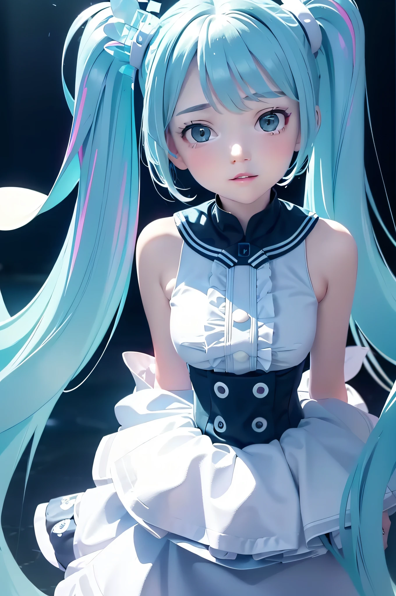 Face focus, Masterpiece, Best quality, 1girll, Hatsune Miku, White roses, petals, Night background, glowworm, light particules, Solo, Double-tailed water-colored hair, aqua eyes, standing, Pisif, Depth of field, Cinematic composition, BEST lighting, Looking up