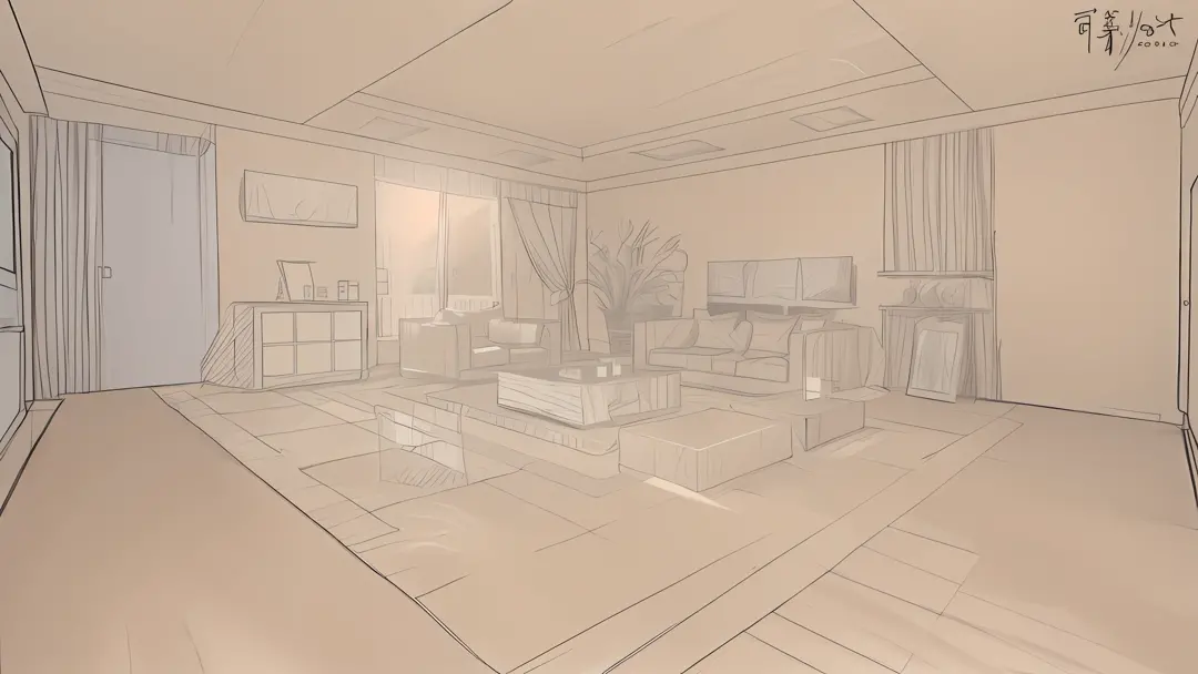 Drawing of the living room with sofa and table, professional sketch, 3 d point perspective, 2 point perspective, high quality of sketching, one-point perspective, 1-point perspective, 2 - point perspective, one-point perspective, point perspective, interio...