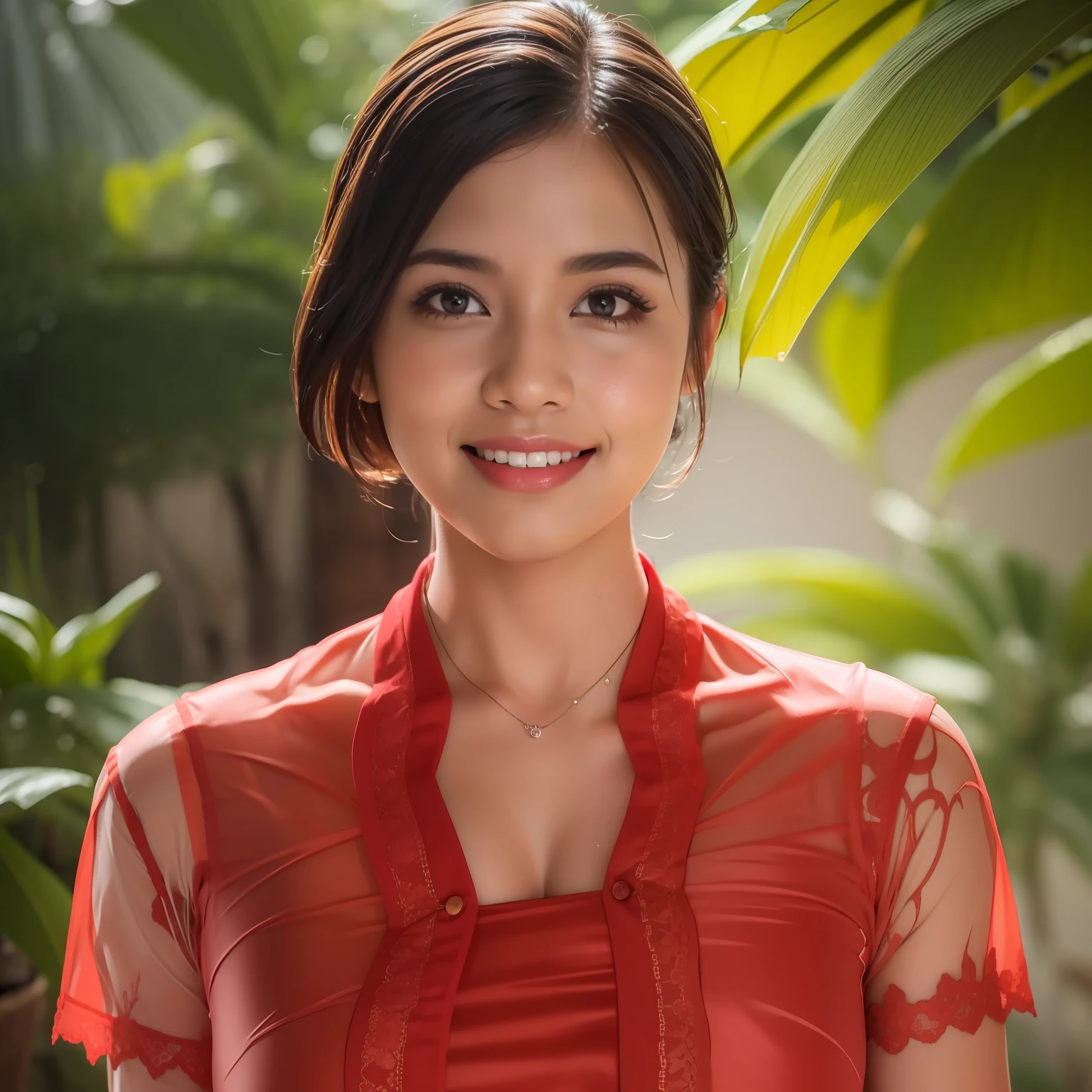 (8k, best quality, masterpiece:1.2), (red_kebaya_bali), (realistic, photo-realistic:1.37), ultra-detailed, 1 girl, cute, solo, beautiful detailed sky, detailed cafe, night, sitting, dating, (nose blush), (smile:1.15), (closed mouth) small breasts, beautiful detailed eyes, (collared shirt:1.1), night, wet, business attire, rain, white lace, (short hair:1.2), floating hair NovaFrogStyle,