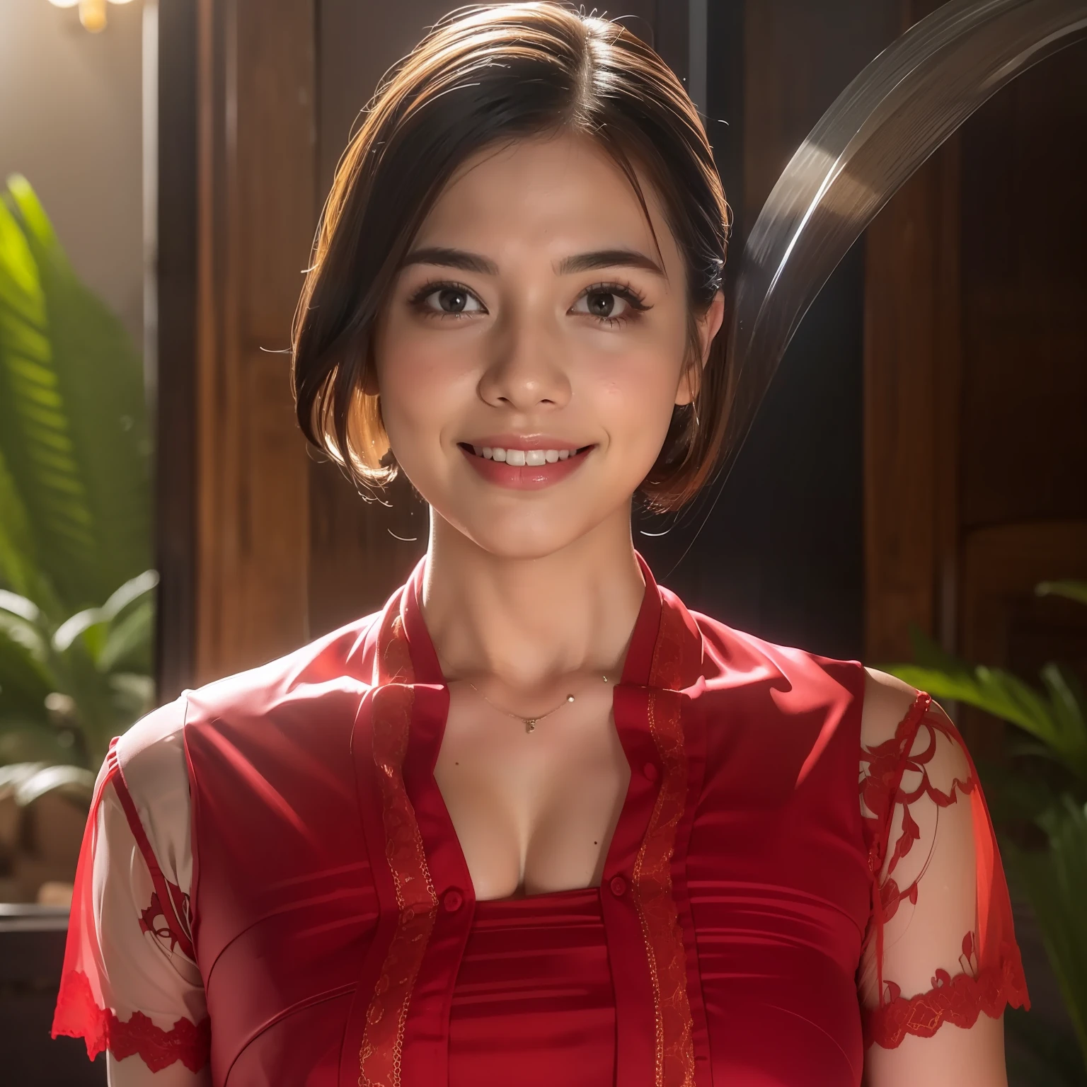 (8k, best quality, masterpiece:1.2), (red_kebaya_bali), (realistic, photo-realistic:1.37), ultra-detailed, 1 girl, cute, solo, beautiful detailed sky, detailed cafe, night, sitting, dating, (nose blush), (smile:1.15), (closed mouth) small breasts, beautiful detailed eyes, (collared shirt:1.1), night, wet, business attire, rain, white lace, (short hair:1.2), floating hair NovaFrogStyle,