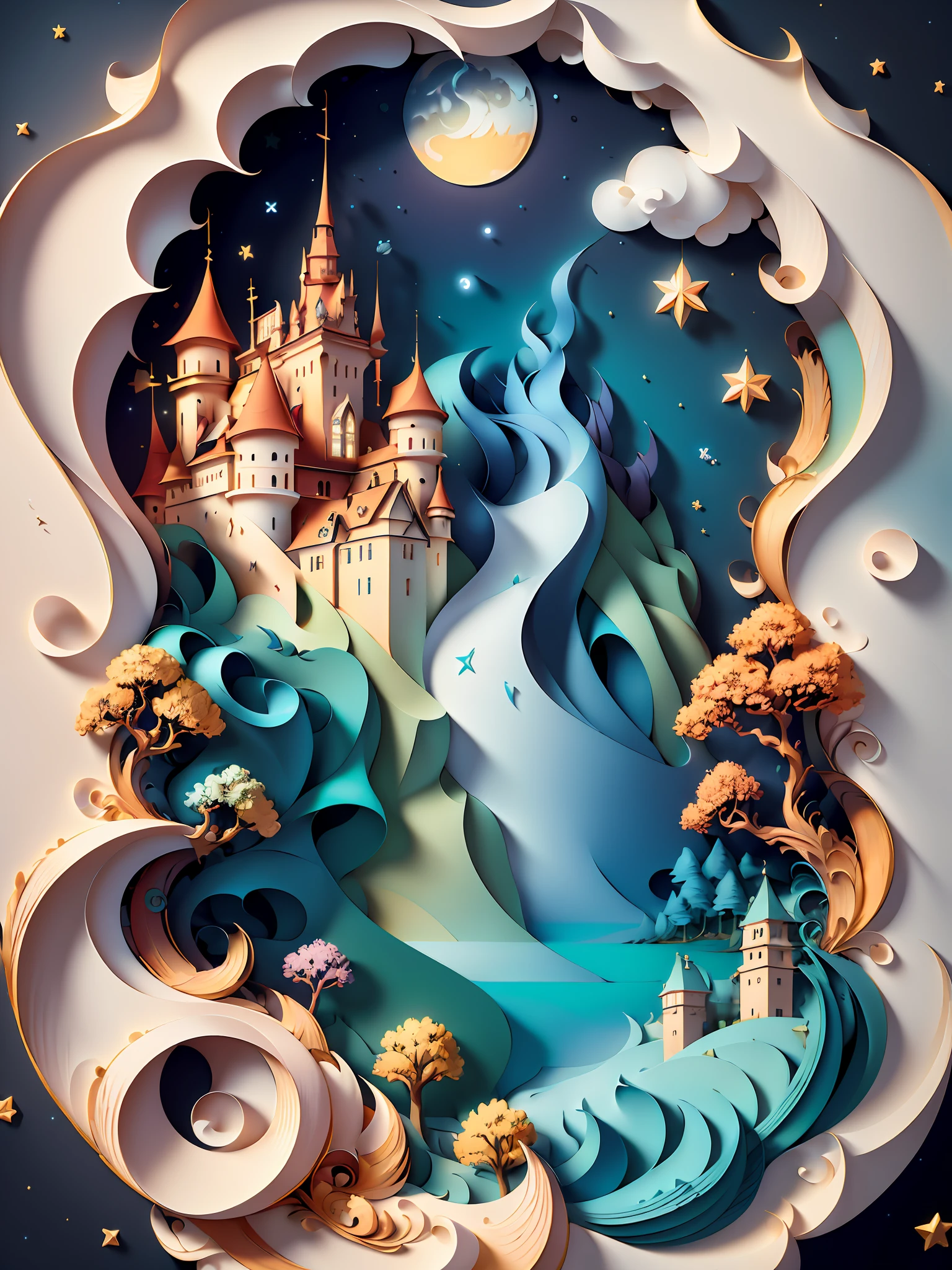 (((masterpiece))),best quality, illustration,  sky, cloud, water, star \(symbol\), tree, no humans, night, bird, moon, building, star \(sky\), night sky, scenery, starry sky, watercraft, castle, ship, waves, tower, boat. vibrant color scheme, Soft light,(warm color:1.2),Water color painting, light background, best quality exquisite details,3d rendering,Octane render, pastel, paper_cut