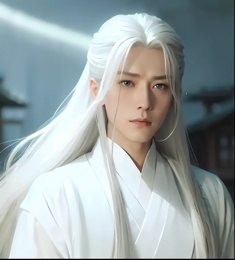 a man with white hair and a white robe, kenji tan, with long white hair, long  white hair, still from live action movie, inspire...