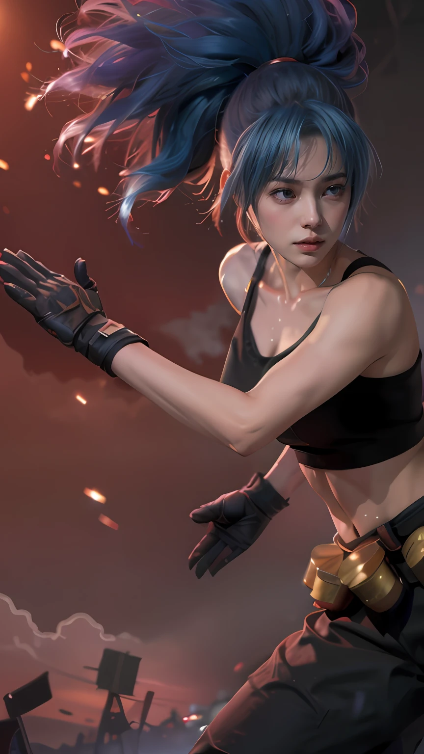 (8k, best quality, masterpiece:1.2), (realistic, photo-realistic:1.37), ultra-detailed,
A detailed portrait of 1 girl 21 year old girl, fantasy character, blue eyes, blue hair color, detail face, pale skin, perfect abs, face facing the camera, wearing black tanktop. The scene is illuminated with professional lighting, photon mapping, and radiosity, with Tetsuya Nomura Style and a japanese feel, Leona KoF cosplay, The King of Fighters. In the dark desert background with blur or bokeh effect, neon details, realistic light.