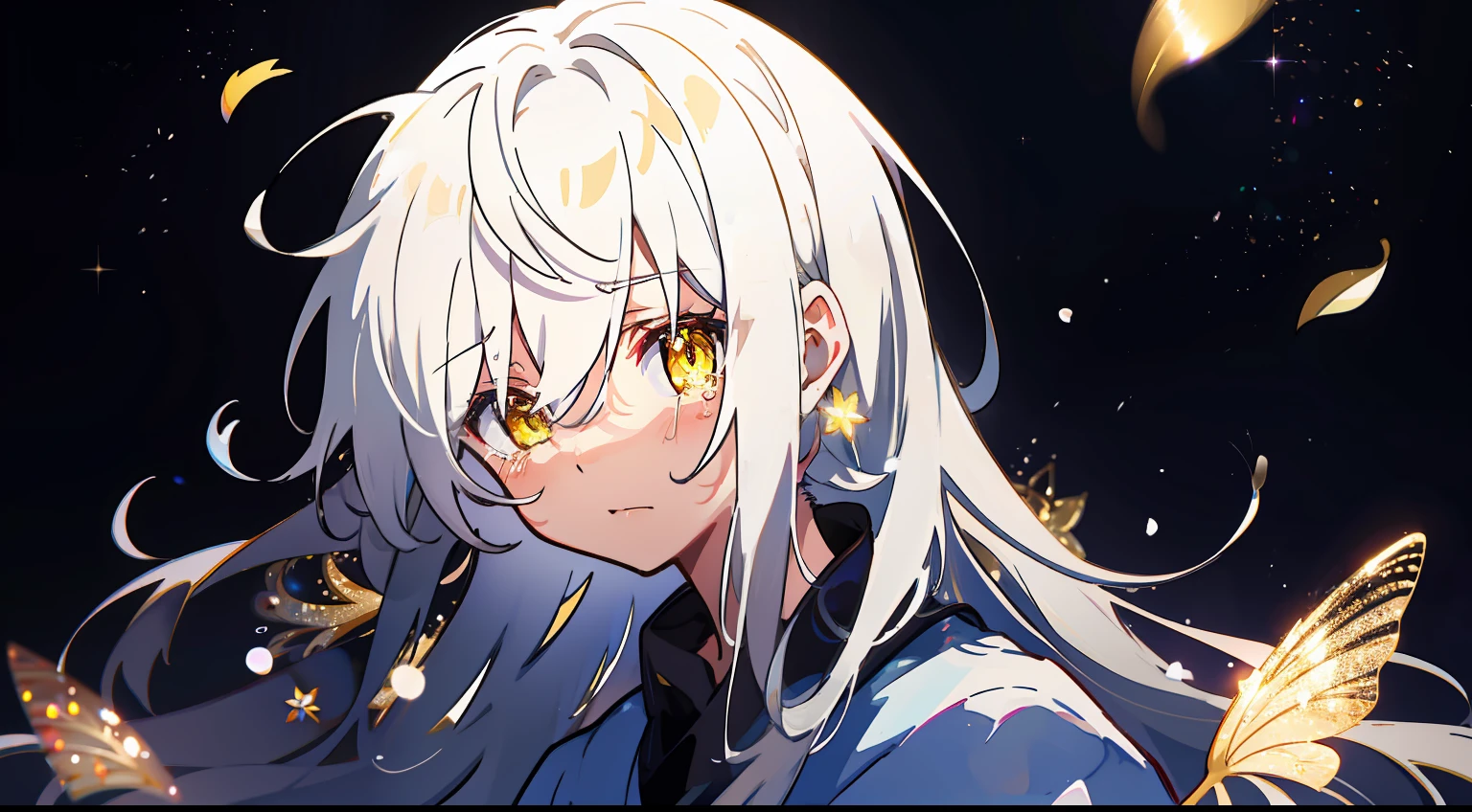 One Girl、crying how bright、Open your eyes、Glitter、mournful、white  hair、Long、校服、dark backgrounds、black backgrounds、​masterpiece、top-quality、Top image quality、Fluttering hair、yellow  eyes