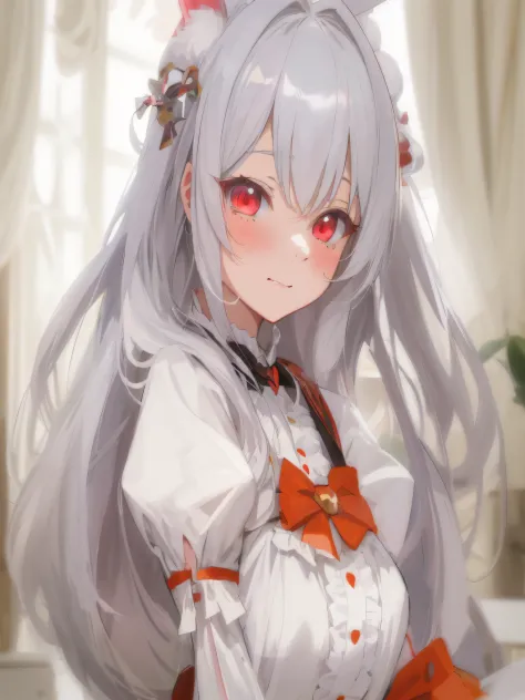 anime girl with long white hair and red eyes in a white dress, made with anime painter studio, style of anime4 k, soft anime ill...