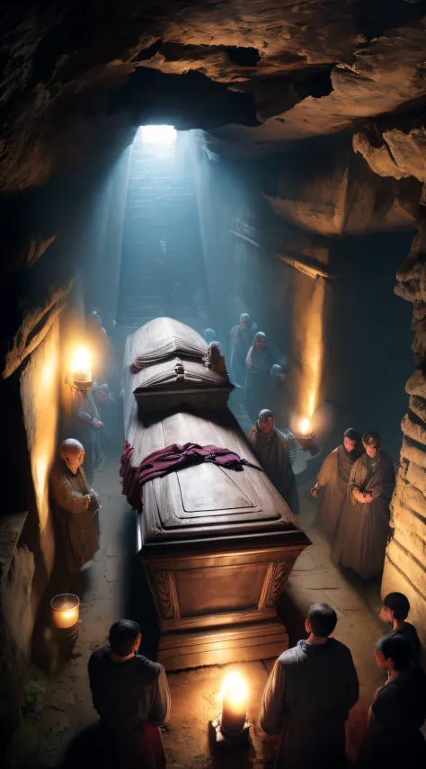 （ancient underground style：1）in the tomb，a coffin in the middle，a crowd of people gathered around the coffin