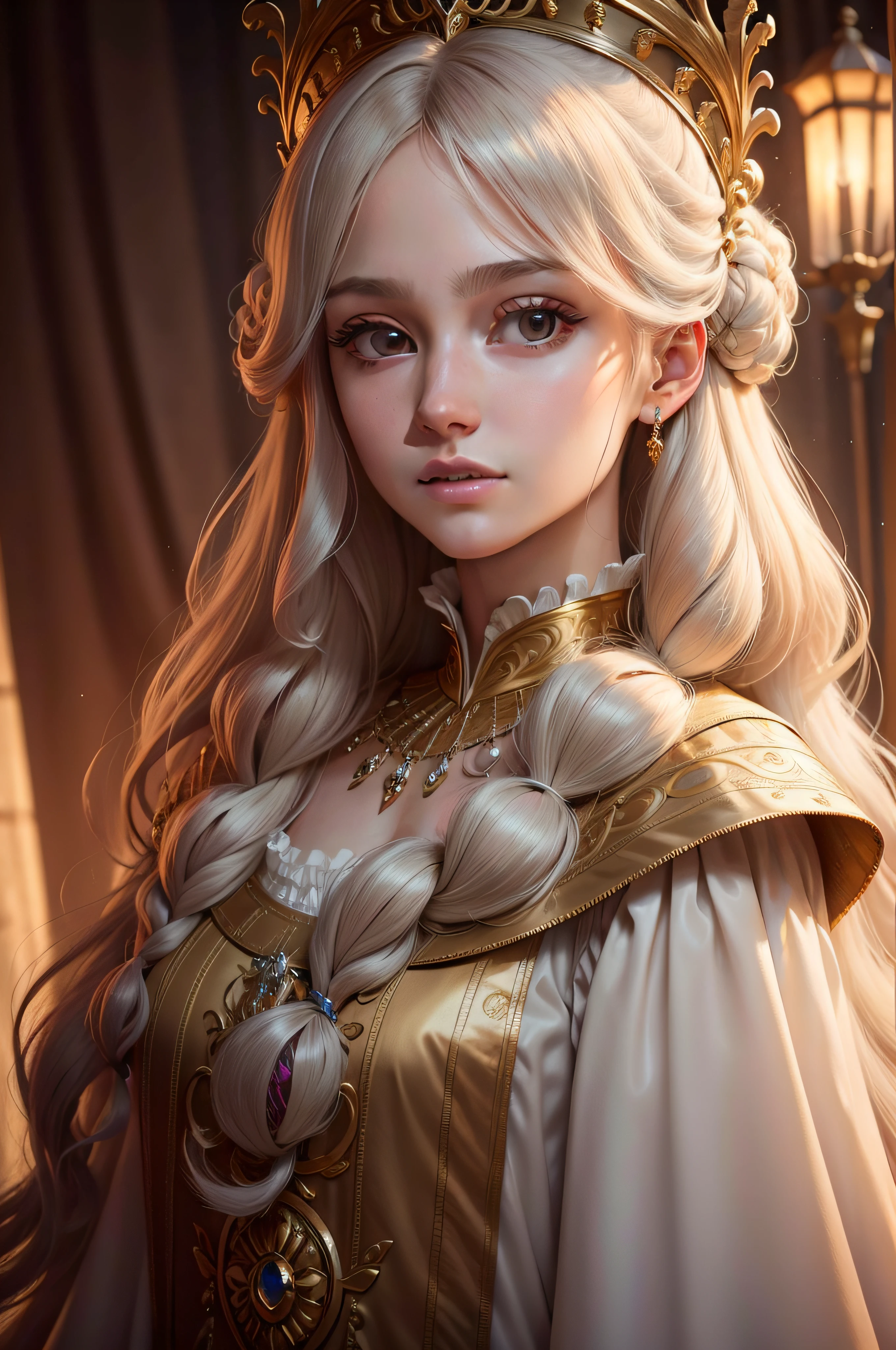 Princess in court dress，curtained hair, damp hair, long whitr hair, baroque, classicism, High detail, Sparkle, god light, full bloom, reference sheet, character sheets, Close-up, in a panoramic view, hyper HD, 4K, High quality, Best quality, Award-Awarded, A high resolution