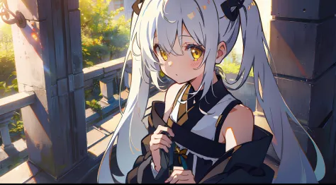 one girl、double knot、twin-tailed、high twin tails、cute little、white  hair、yellow  eyes、beautidful eyes、​masterpiece、top image qua...