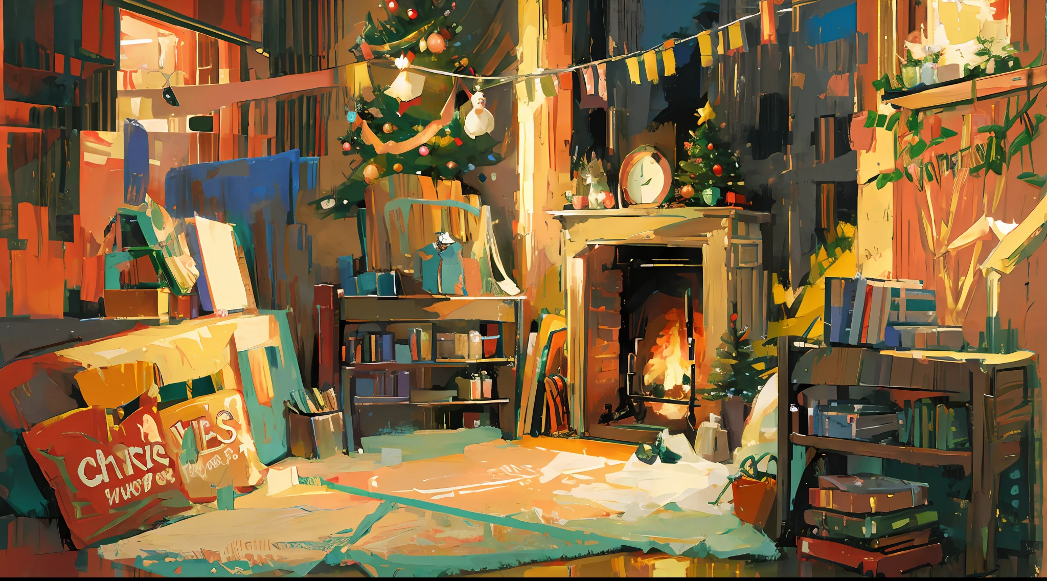 Christmas tree、Cute cats and dogs、Dress up as a gift、Hanging pictures，Christmas decorations，Cosy fireplace，Oil painting style at nightfall，Vintage tones。