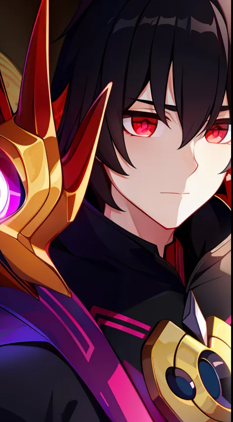 young guy, short black hair, the eyes are red, royal uniform, the infinity gauntlet, masterpiece, hiquality