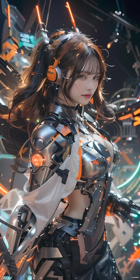 1 girl, Solo, Chinese_Clothes, metallic black titanium and orange, cyberhan, Cheongsam, Cyberpunk City, Dynamic Pose, detailed l...