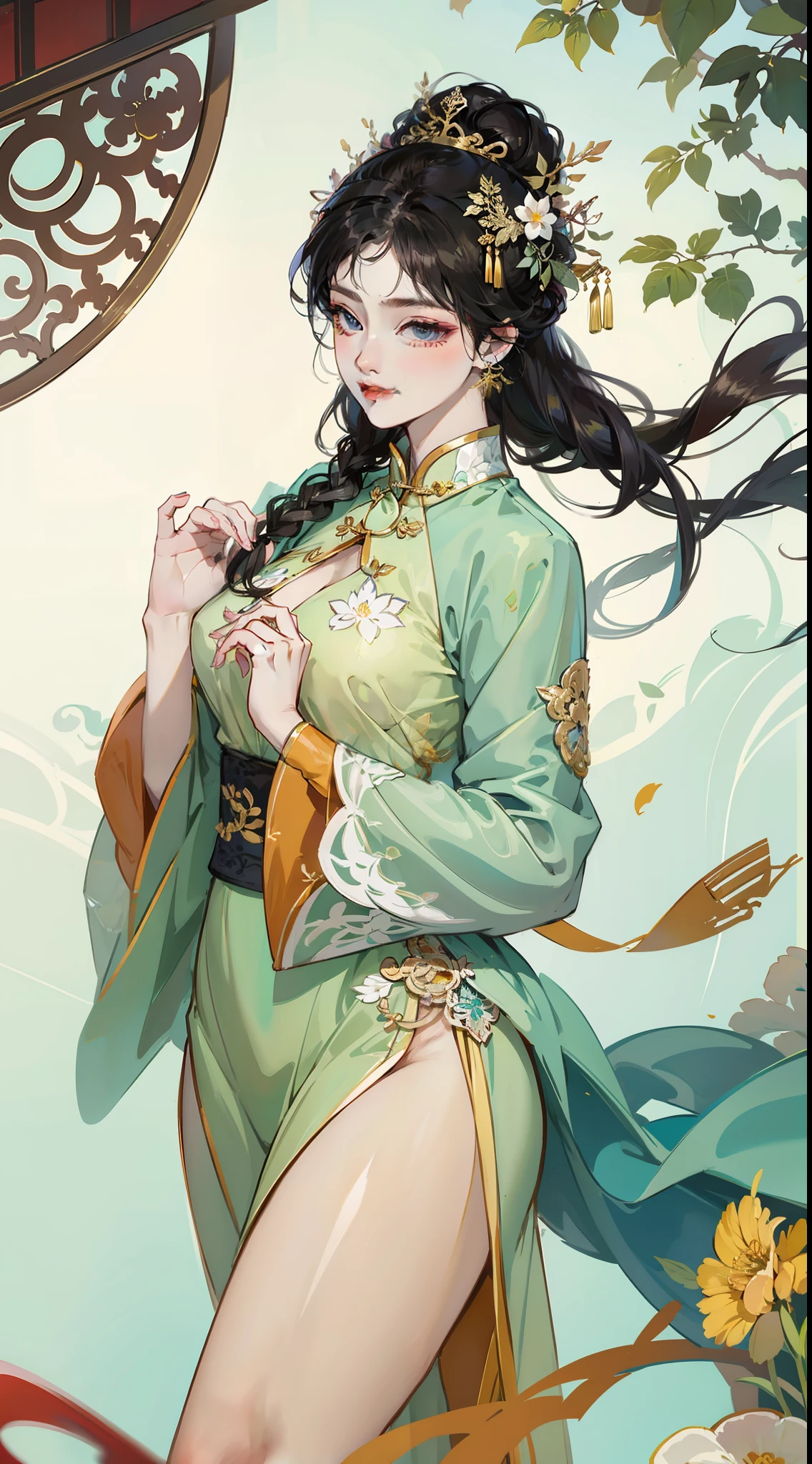 Bigchest，爆乳，Chest tight full wrap，Tight chest，The lower body is long and split in cheongsam，The sides show the thighs，Wear a long cheongsam，The chest is large，The cheongsam is long to the feet，full bodyesbian，Delicate and perfect face，ssmile，looking at viewert，The pose is sexy and enchanting