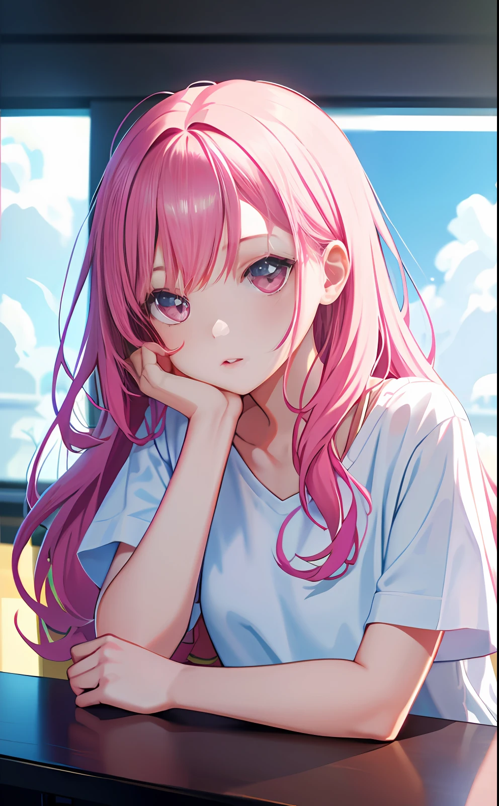 Anime girl with pink hair sitting at a table with her chin resting on her  hand - SeaArt AI