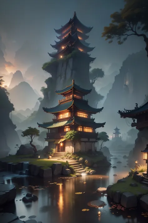 Xianxia style, detailed RAW photo of a (fantasy:1.1) wonderful jungle village background, stone streets, a small pond, (night:0.4), highly detailed background, ray tracing, dramatic lighting, dynamic lighting, soft shadows, hdr, 64k, (night:0.3), realism, ...