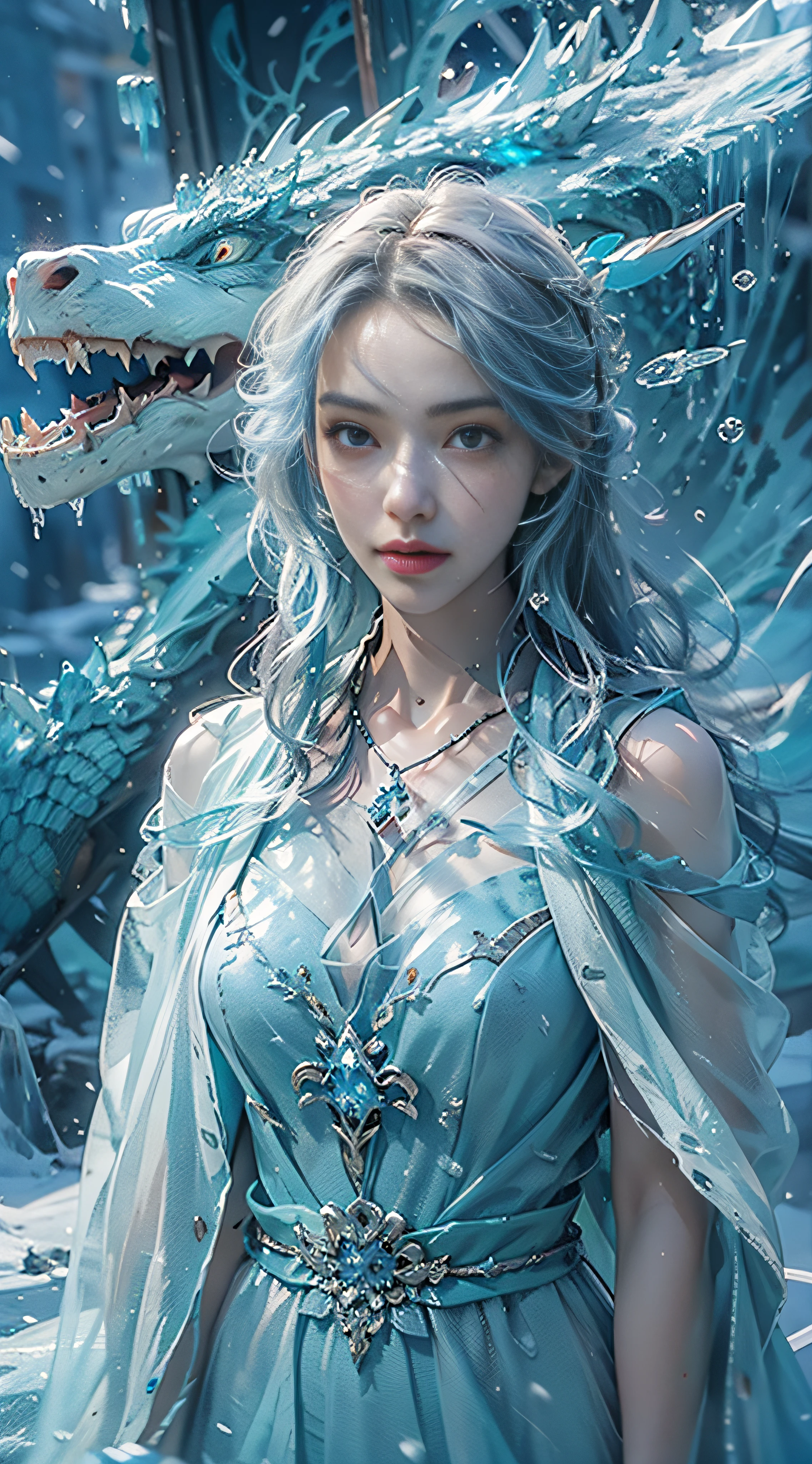 (((1girll)))，Imperial water，A magician，（Loose dress：1.5），（Perfect facial features：1.4），（Blue silk robe），（Mysterious magic formations：1.2），((ice Dragon))，（Ice crystal scales），Blue glow，（Frost wings），Powerful ice magic，Icicles，Towering over the landscape，Blue light cold light，Ice storms，wind，Flying snow ice and snow，Amazing results，,best qualityer,tmasterpiece,Ultra-high resolution,finely detailled,Complicated details,8K resolution,8KUCG wallpaper,hdr,water blue,Magic Array,Cinematic lighting effects,lightand shade contrast，Ray traching、nvidia RTX