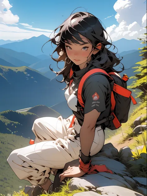 masterpiece), a cute girl climbing a mountain, mountaineering, she is  holding on a rock, she has a happy and adventures expresson - SeaArt AI