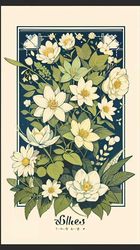 Slight vintage color,planar,,RISO print style,illustration,adolable,Leave white space,low-saturation,Lots of flowers，Individually arranged，leafs，branches，Printing， a sticker，Random distribution，Lovely drawing style， Color guide，Graphic design，Carpet pattern，（solid color backdrop）