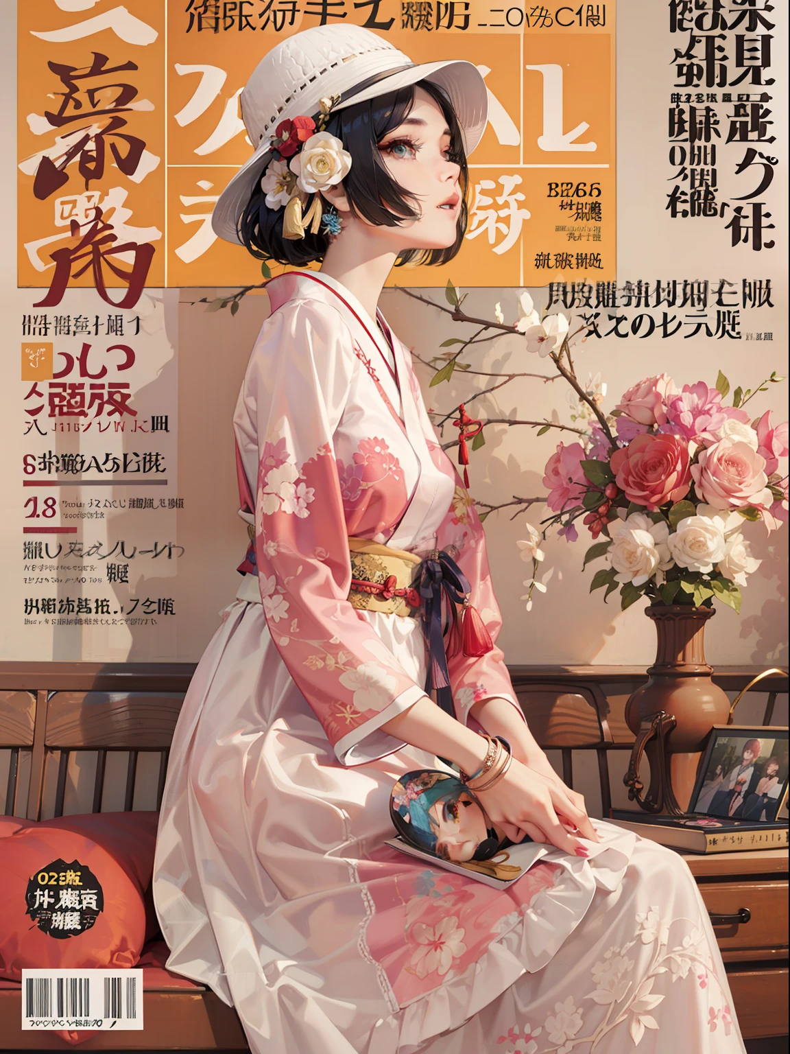 Japanese Modern Girl、Beautuful lady、Crochet hat、bob cuts、Finger Wave、eye shadow、Long dress、Modern Girl Fashion、A detailed face、Old magazine cover