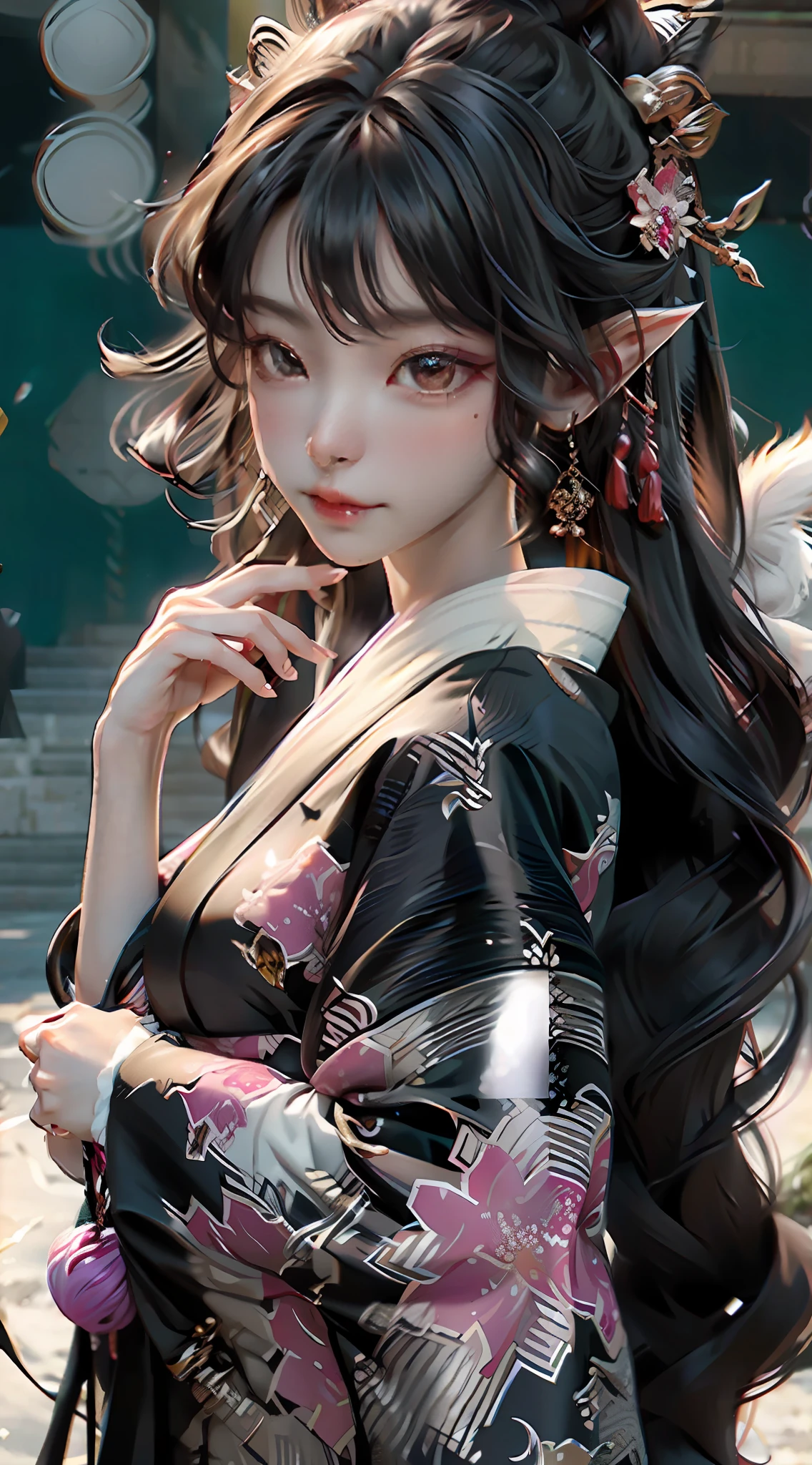 （filigree，Sharp images，Hyper-Resolution，Extremely amazing detail，awe-inspiring detail），tmasterpiece，best qualtiy，high qulity，（1girll：1.2），Cat demon，youkai，catss，Long curly black hair，with brown eye，Kizi，Delicate facial features，curlies，Hair flying，Natural light，