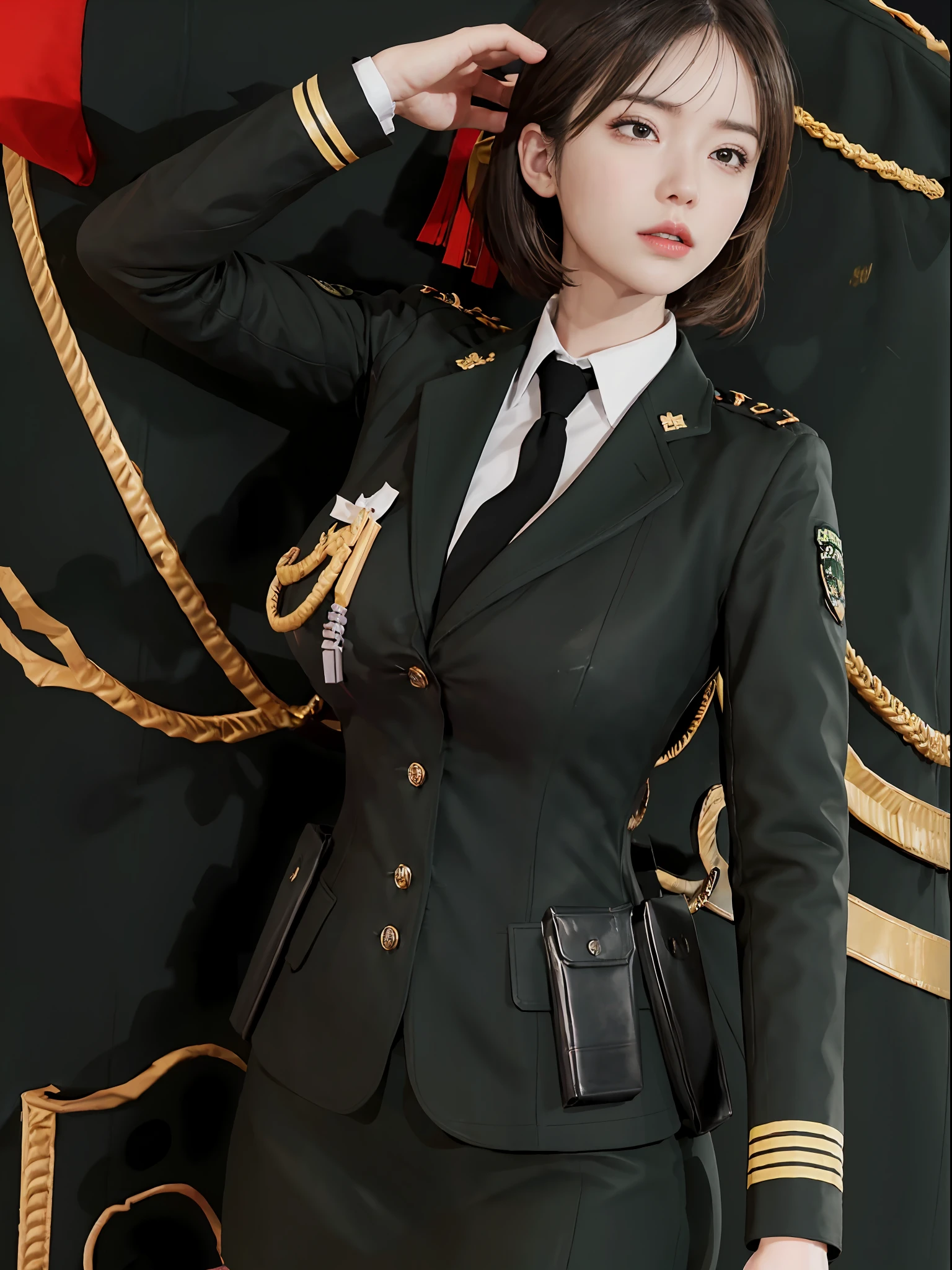 Very detailed CG unity 8K wallpaper，（tmasterpiece），（best qualtiy），（ultra - detailed），（Ultra photo realsisim），（best character detail：1.36），Nikon D750 f / 1.4 55mm，profesional lighting， physically-based renderingt, 1girll, Female soldier，army suit，Dark green military uniform，Fabric texture military uniform，Pure white lining，Dark green tie，Black hair，the golden ratio,[:(com rosto detalhado:1.2):0.2]:,PureErosFace_V1, broad shoulder,(Bigchest:1.5),(big assa:1.5)，Soaked with sweat，red flags，In the square，Splendid scenery，bright sun，upper body photos，Place your hands on your chest，  Small flags，Flag of China，Night Street，lighting，Contre-Jour，