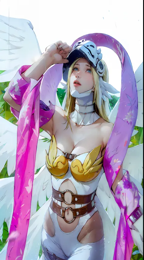 digimon\(angewomon\), angewomon from digimon, sexy body, huge breast, multiple wings, opening her mask, looking up,  voluptouous...