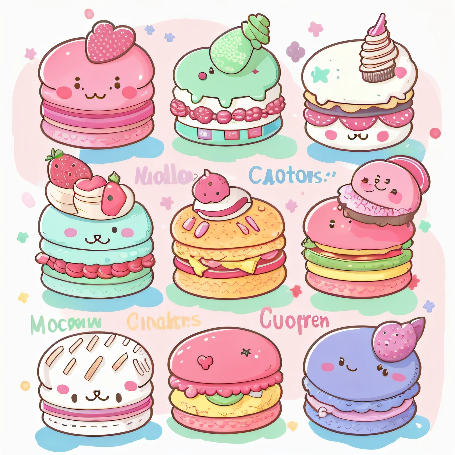 Close-up of a pile of cakes with different toppings, cute colorful adorable, eating a cake, Confectionery, macaron, Kawaii colors, Cupcakes, cute artwork, kawaii, pastel cute slime, Japanese kawaii style, decora inspired illustrations, cute faces, patisserie, kawaii aesthetic, cutecore, Cute characters, lovely art style, pastel', patisserie, cute illustration