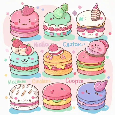 Close-up of a pile of cakes with different toppings, cute colorful adorable, eating a cake, Confectionery, macaron, Kawaii color...