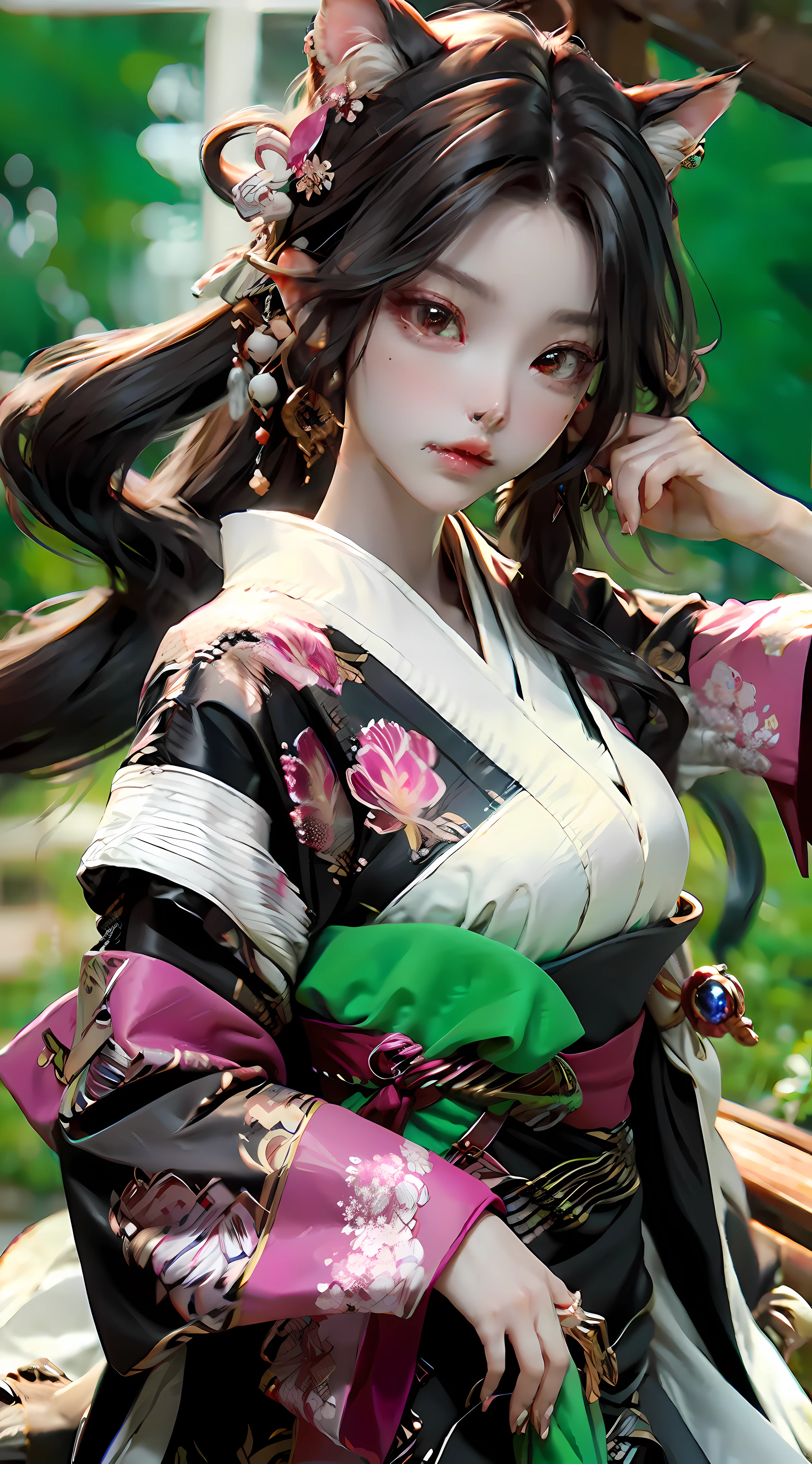 （filigree，Sharp images，Hyper-Resolution，Extremely amazing detail，awe-inspiring detail），tmasterpiece，best qualtiy，high qulity，（1girll：1.2），Cat demon，youkai，catss，Long curly black hair，with brown eye，Kizi，Delicate facial features，curlies，Hair flying，Natural light，