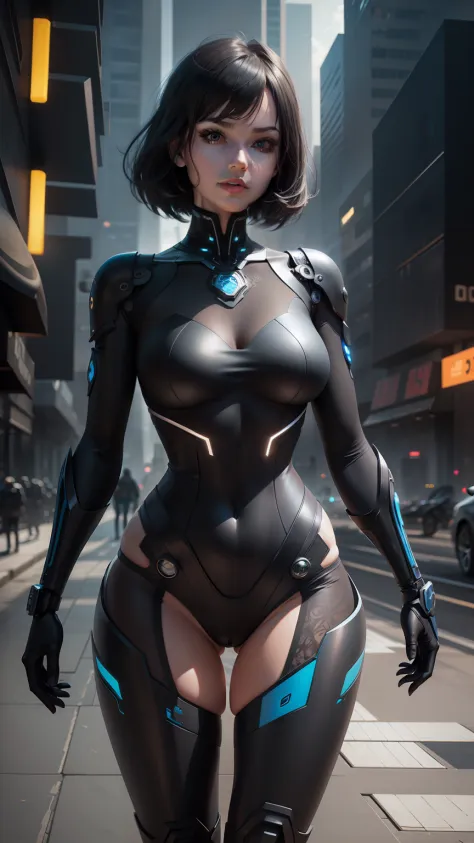 Complex 3d rendering very detailed beautiful ceramic silhouette female robot face, black rough lycra leotard, glowing blue band, cyborg, robot parts, robotic arm, robotic legs, looking viewer, 150mm, soft light, edge light, vibrant detail, luxurious cyberp...