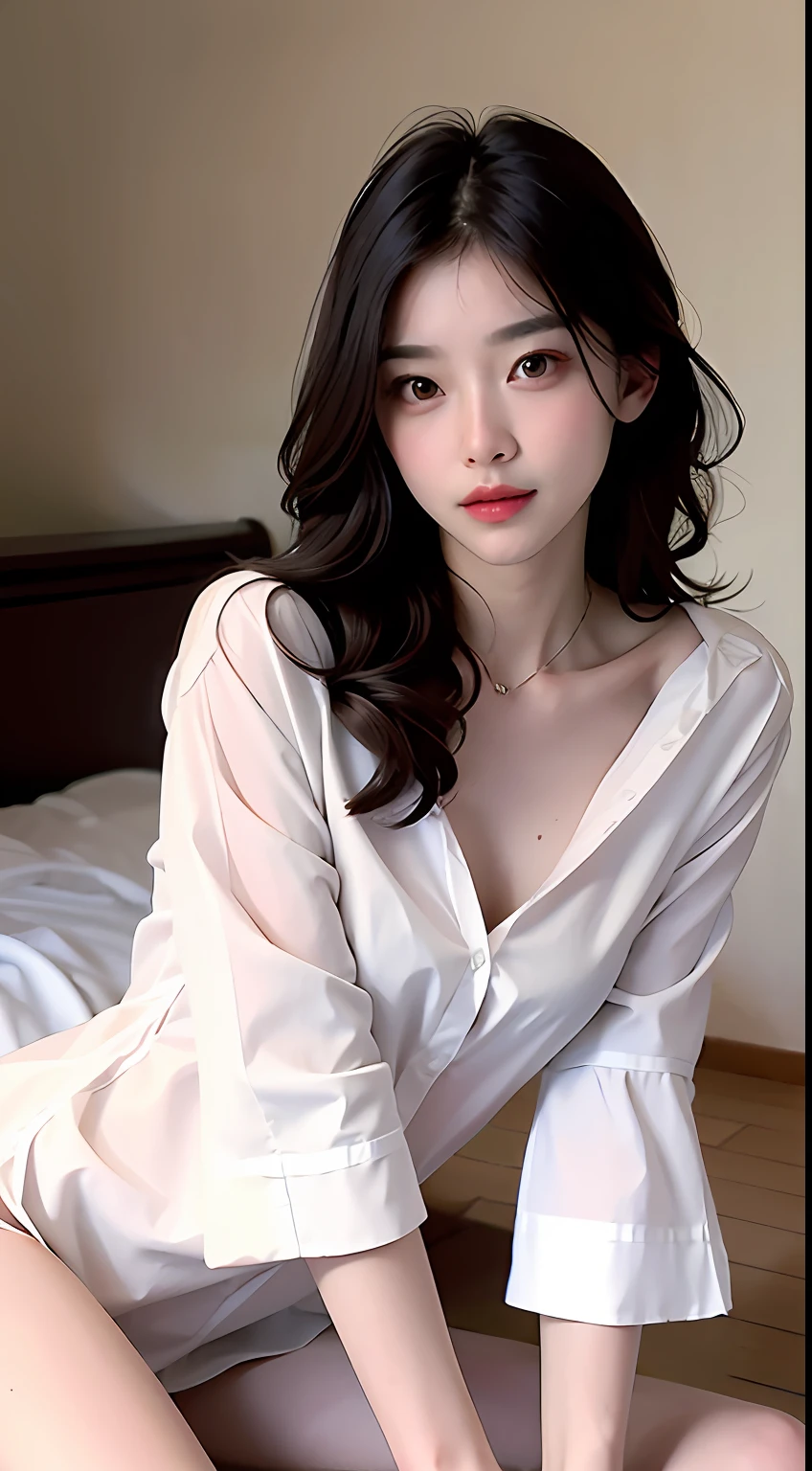 Light fabric one-piece white shirt:1.2、oversized white shirt、Valley、Unbutton the chest、Brachira、nffsw_Shirt_nopants, ,8K, (A sexy),cute little,(realisitic:1.1), (Photorealsitic:1.1), (​masterpiece:1.1), (top-quality:1.1), Raw photography, hight resolution, ultra-detailliert, high-definition RAW color photography,professional photograpy,​masterpiece, top-quality,realisitic,realskin,1girl in,Low_keys,独奏,illuminating,shorth hair,Bedrooms、Evening glow,sunrises,evening,
beautiful finely detailed eyes、(blush of the nose)、(all-fours:1.1)、
(详细的脸:1.2)、Extremely beautiful face、