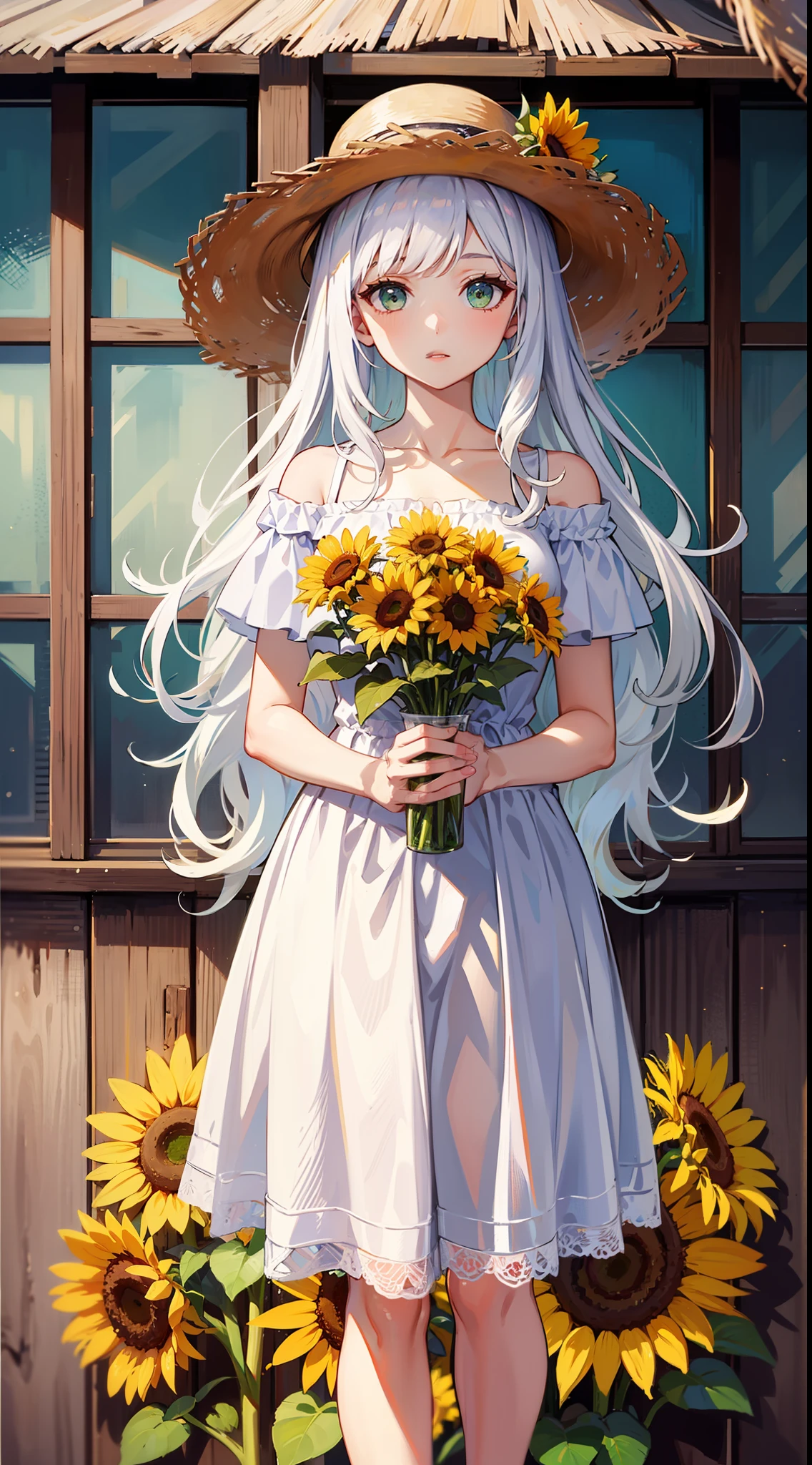 white dresses，White canvas shoes，Mature girls，long  white hair，Light green eyes，Wearing a straw hat，Sunflowers in straw hats，adolable，vivaciousness