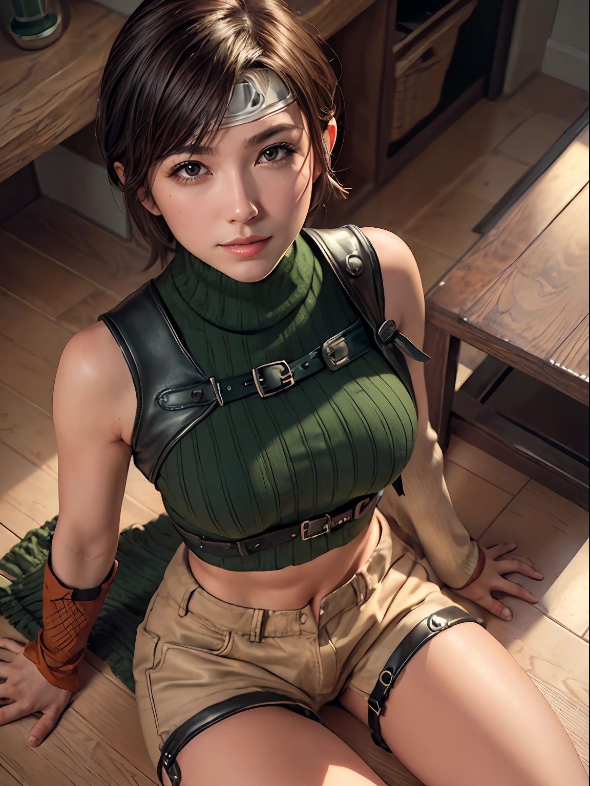 (masterpiece, best quality:1.4), (future days), (sitting on the floor:1.5), (full body), (from above:1.2), (1girl), solo, (european youth:1), 1girl, short hair, headband navel, sleeveless, turtleneck, brown eyes, sleeveless turtleneck, solo, breasts, looking at viewer, sexy smile, gloves, crop top, brown hair, shorts, midriff, armor, sweater, open fly, fingerless gloves, ribbed sweater, medium breasts, yufi_kisaragi_01, girlhyperrealistic, high detailed skin, dslr, soft lighting, high quality, highly detailed face, highly detailed skin, skin pores, subsurface scattering, realistic pupils, medium breast, full face blush, full lips, detailed background, depth of field, volumetric lighting, sharp focus, absurdres, realistic proportions, good anatomy, (realistic, hyperrealistic:1.4), 16k hdr,
