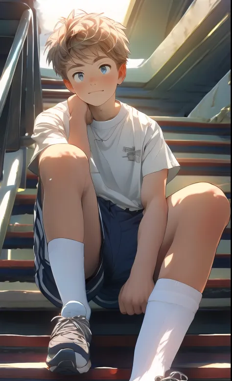 (absurderes, A high resolution, Ultra detailed),((Masterpiece)), ((Best quality:1.1)), high resolution, 8K,1boy, (Crotch bulge:1.1), shaded face, (White crew socks:1.1), (White ribbed socks:1.2), no-show socks, Invisible socks, Toes under socks, Shorts,Sea...