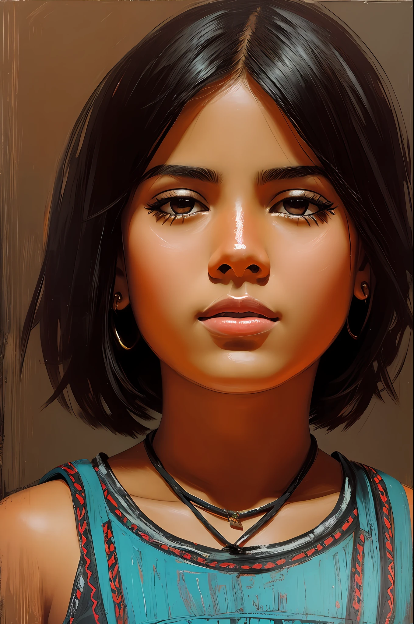 high-quality detailed image of a beautiful girl: (mestizo: facial features, Hindu: 0.2 : Egyptian: 0.3 : darna: 0.25 : selena quintanilla perez: 0.25) : pale skin, ((asymmetrical haircut)), high face detail : realistic : in T-shirt and shorts, (oil painting:0.75), (screensaver:0.75),(teal:0.2),(orange:0.2), (jeremy mann:0.5), (john constable:0.1), (yuri arkus:0.5),(acrylic paint:0.75), 8k