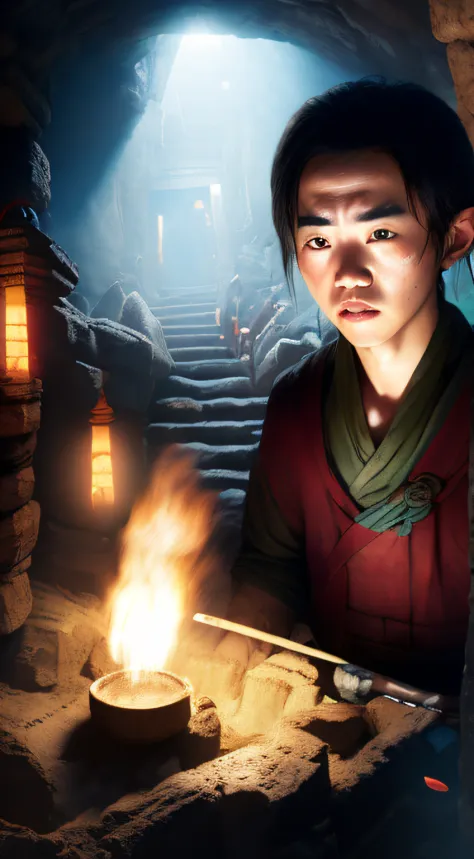 （ancient underground style：1）the protagonist of the story is a young archaeologist yang qi，frightened，face expression