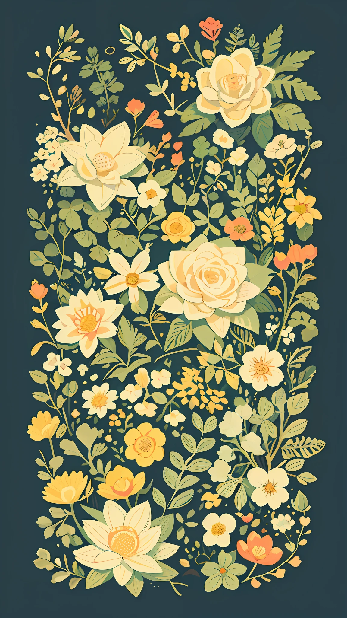 Slight vintage color,planar,,RISO print style,illustration,adolable,Leave white space,low-saturation,Lots of flowers，Individually arranged，leafs，branches，Printing， a sticker，Random distribution，Lovely drawing style， Color guide，Graphic design，Carpet pattern，（with black background）