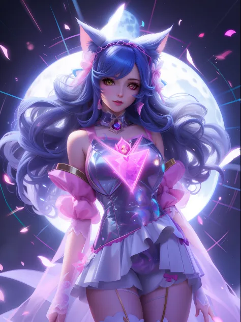 Anime girl standing in front of full moon，Wearing a pink dress and cat ears, ahri, portrait of ahri, seraphine ahri kda, Extremely detailed Artgerm, ahri from league of legend, IG model | Art germ, ! Dream art germ, Ross Tran 8 K, Art germ on ArtStation Pixiv