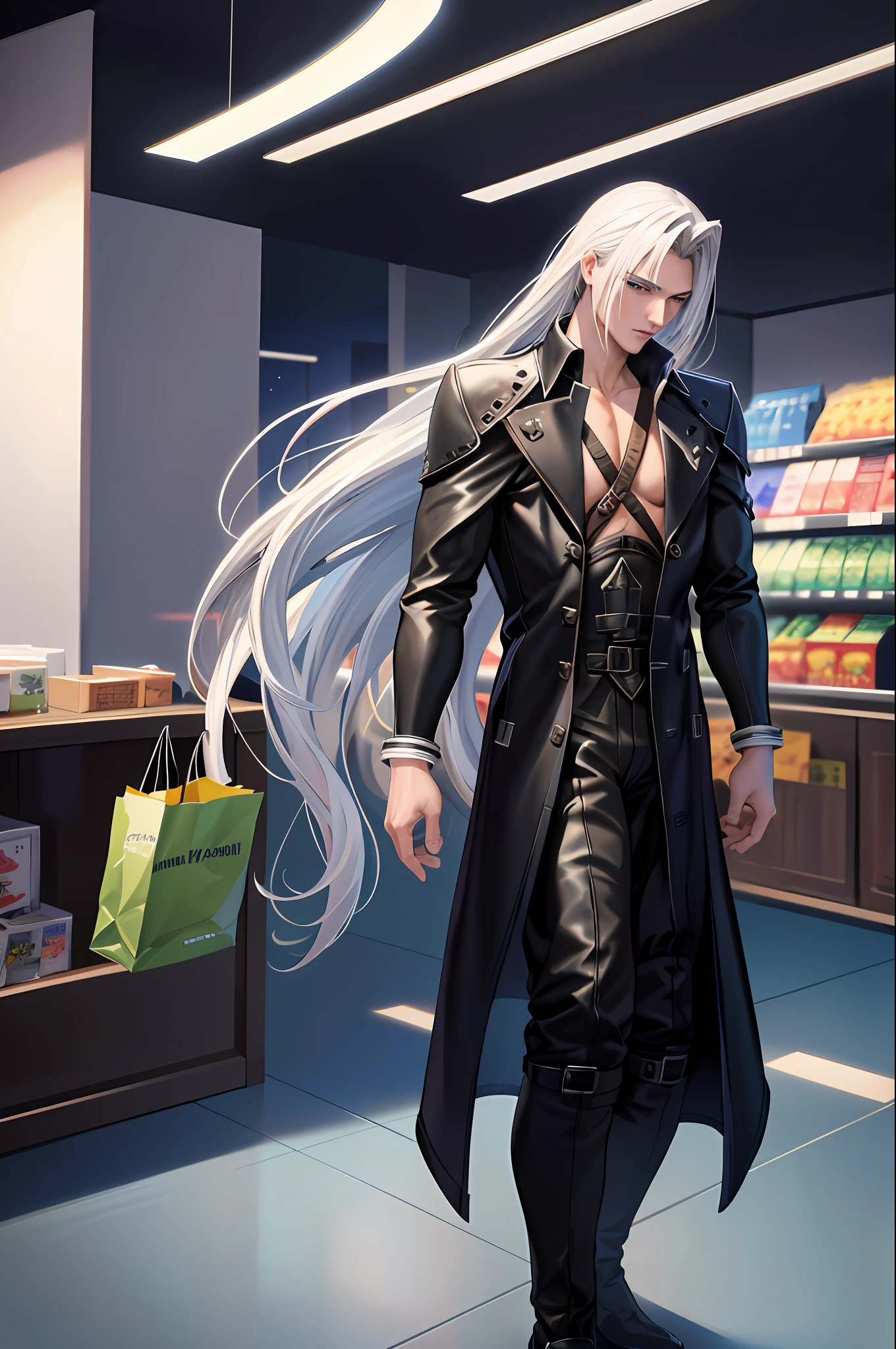 (masterpiece, best quality:1.2), perfect face, ultra high res, absurdres, sharp focus, dynamic pose, (1boy:1.1), male focus,
(Sephiroth, Sephiroth /(Final Fantasy/):1.1), one-winged angel, coat, tunic, pants, (looking away:1.1),
standing, shopping, (plastic bag:1.0),
indoors, supermarket, convenience store,
detailed background, brilliant colorful, subsurface scattering, volumetric lighting, extremely detailed, by sakimichan, george kamitani, akira yasuda