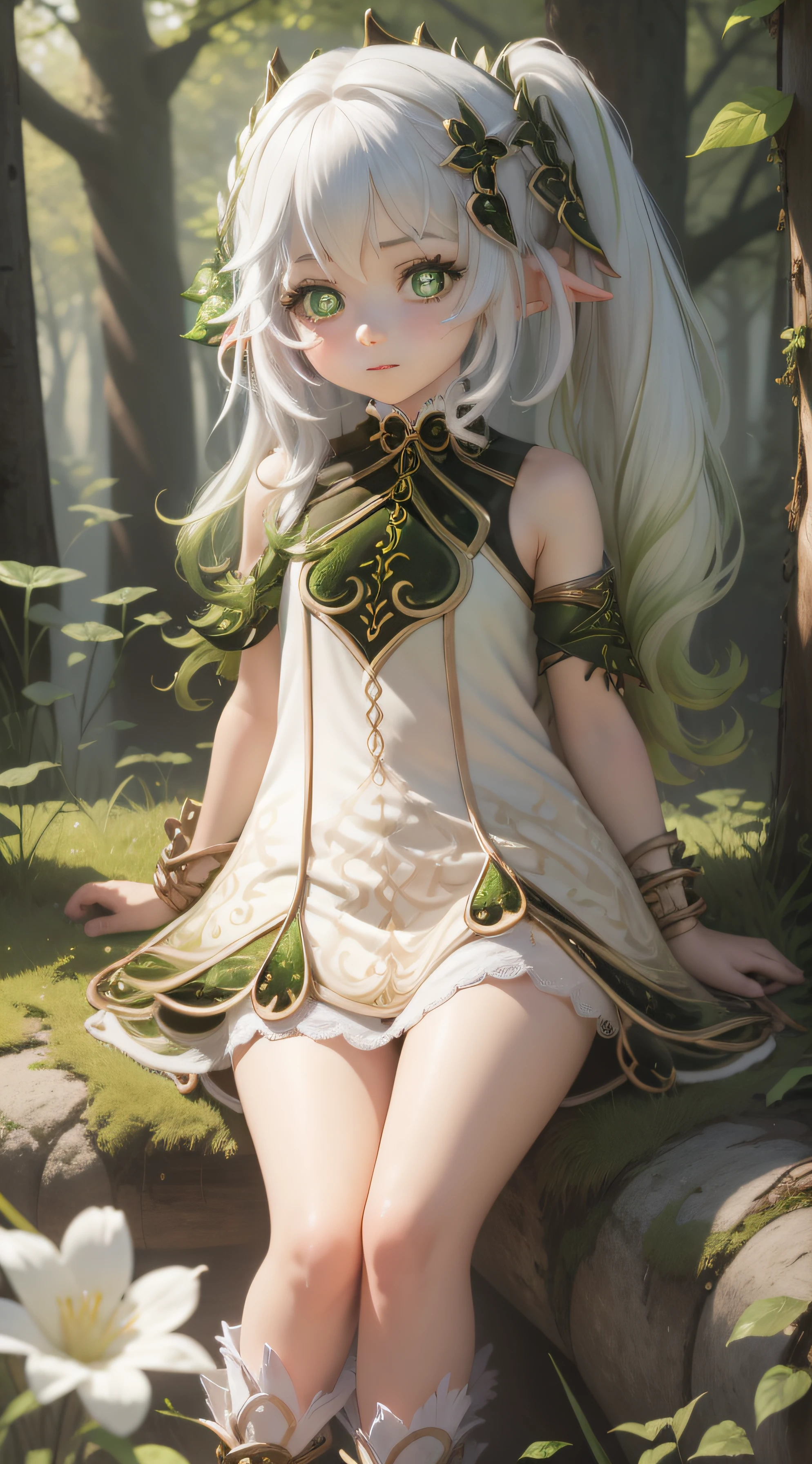 1 girl, loli, 3D, small world, cute, (feet: 1.3), mischievous face, pale skin, white_hair, looking at the audience, sitting, meadow, forest, spring, available light, full body, symbol shaped pupils,