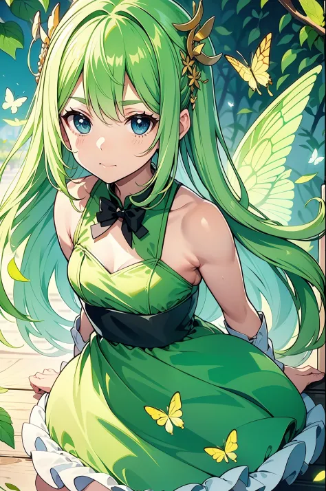 One wears a green dress，Little girl surrounded by pale green butterflies