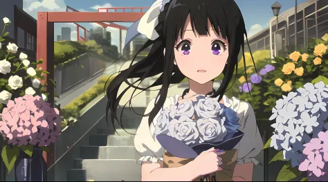 Anime girl with long black hair holding a bouquet of flowers, anime visual of a cute girl, anime moe art style, anime best girl,...