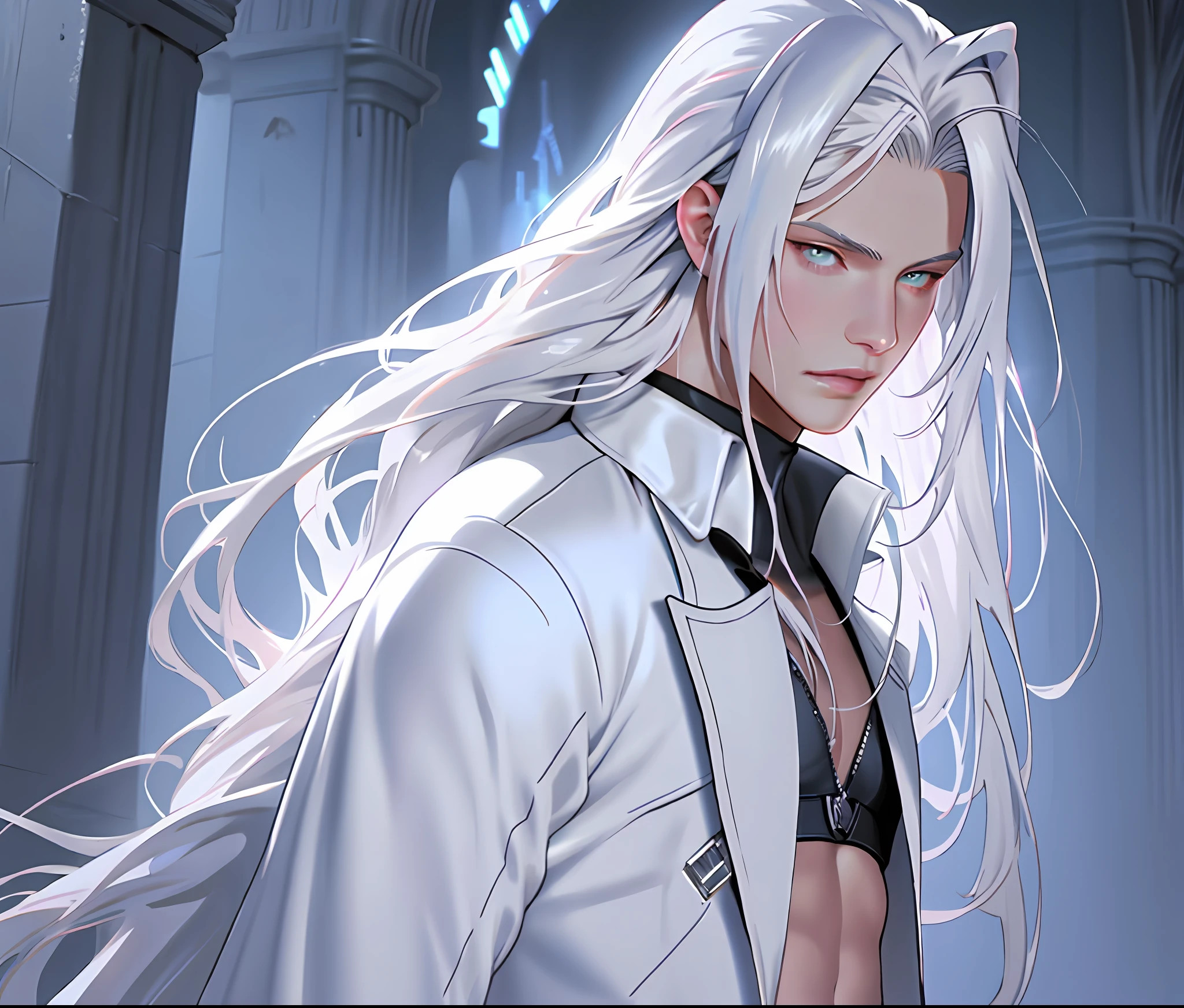 masterpiece, highest quality, (perfect face:1.1), (high detail:1.1), angel with long voluminous white hair, soft hair, (sephiroth), final fantasy, neon white eyes, solo ,1guy, long hair, white luxury suit, Rose Garden detailed background, realistic, covered navel, pouty lips, curvy guy, perfectly drawn face, cinematic lighting, balenciaga, glitter