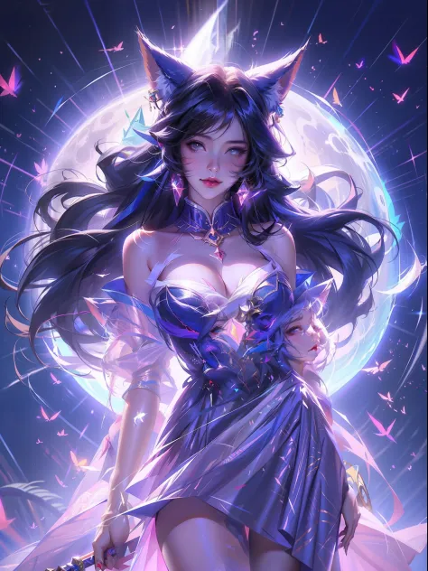 Anime girl standing in front of the full moon，Wearing a pink dress and cat ears, ahri, portrait of ahri, seraphine ahri kda, Extremely detailed Artgerm, ahri from league of legend, IG model | Art germ, ! Dream art germ, Ross Tran 8 K, Art germ on ArtStatio...
